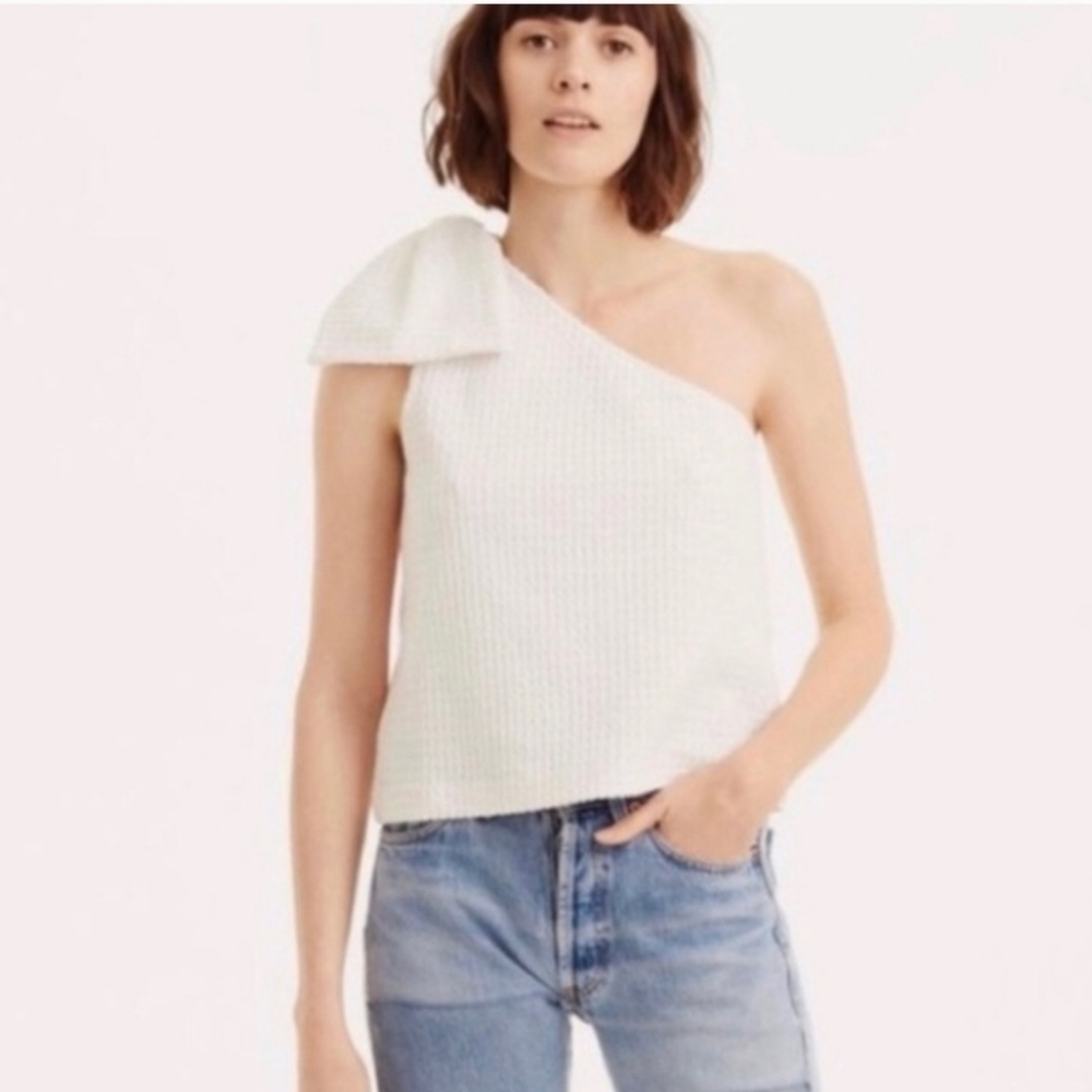 Club Monaco White Textured One-Shoulder Bow Top - Size L